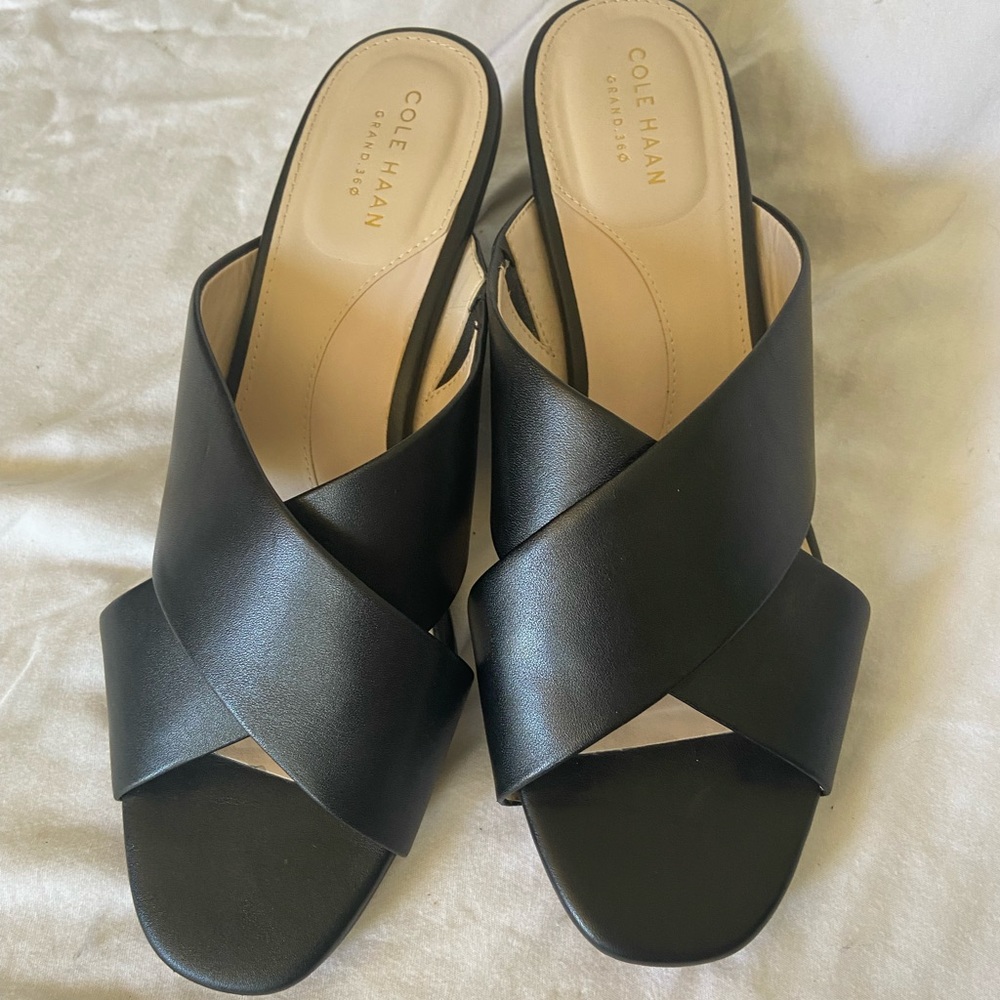 Cole Haan black cross over wedges